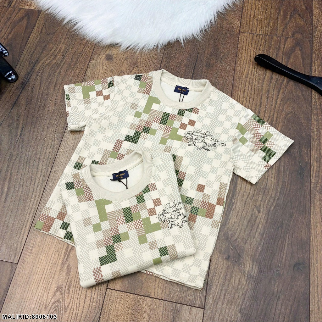 Áo thun chất cotton kiểu cách siêu đẹp cho bé trai ô vuông màu sắc-Áo phông ngắn tay cho bé trai thêu chữ nhỏ cao cấp