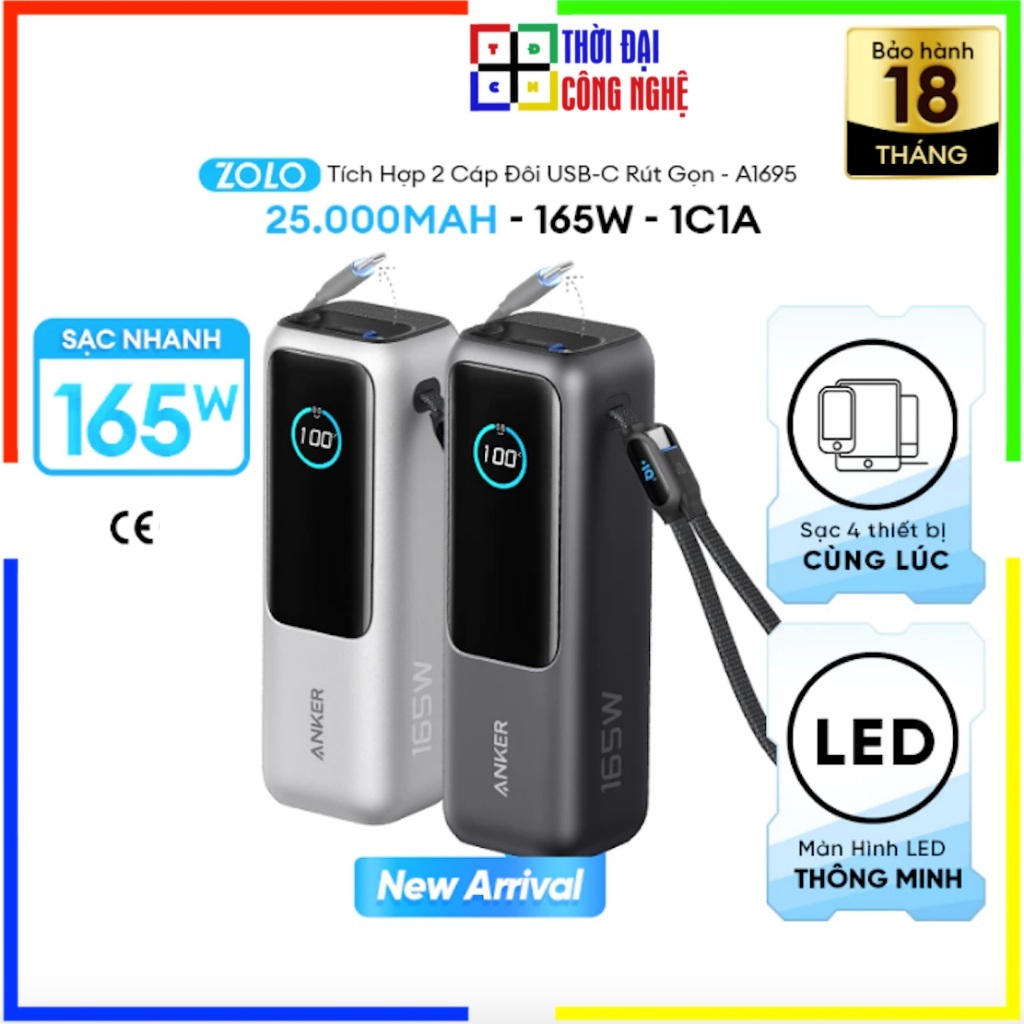 Pin sạc dự phòng Anker A1695 25000mAh công suất 165W kèm cáp rút gọn . Bảo hành 18 tháng, 1 đổi 1. | BigBuy360 - bigbuy360.vn