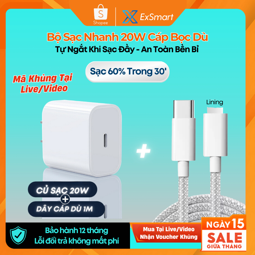 Bộ Củ Cáp Sạc Nhanh 20W Exsmart Củ Sạc PD20W Dây Bọc Dù Tự Ngắt Khi Sạc Đầy chống gãy gập An Toàn Ổn Định Bảo Vệ Máy