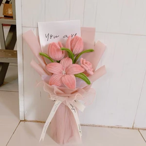 Bó hoa kẽm nhung handmade tulip mix bông ly và hoa hồng tặng các dịp lễ, 20/10