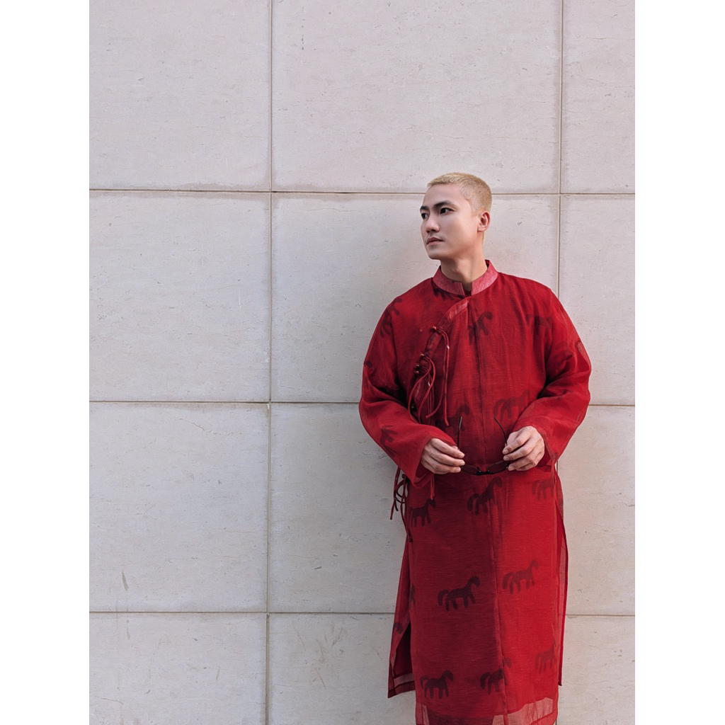 Áo dài nam Khúc Xuân - Hồng Ngũ Mã | Set 2 áo tách rời | Tua rua trước ngực