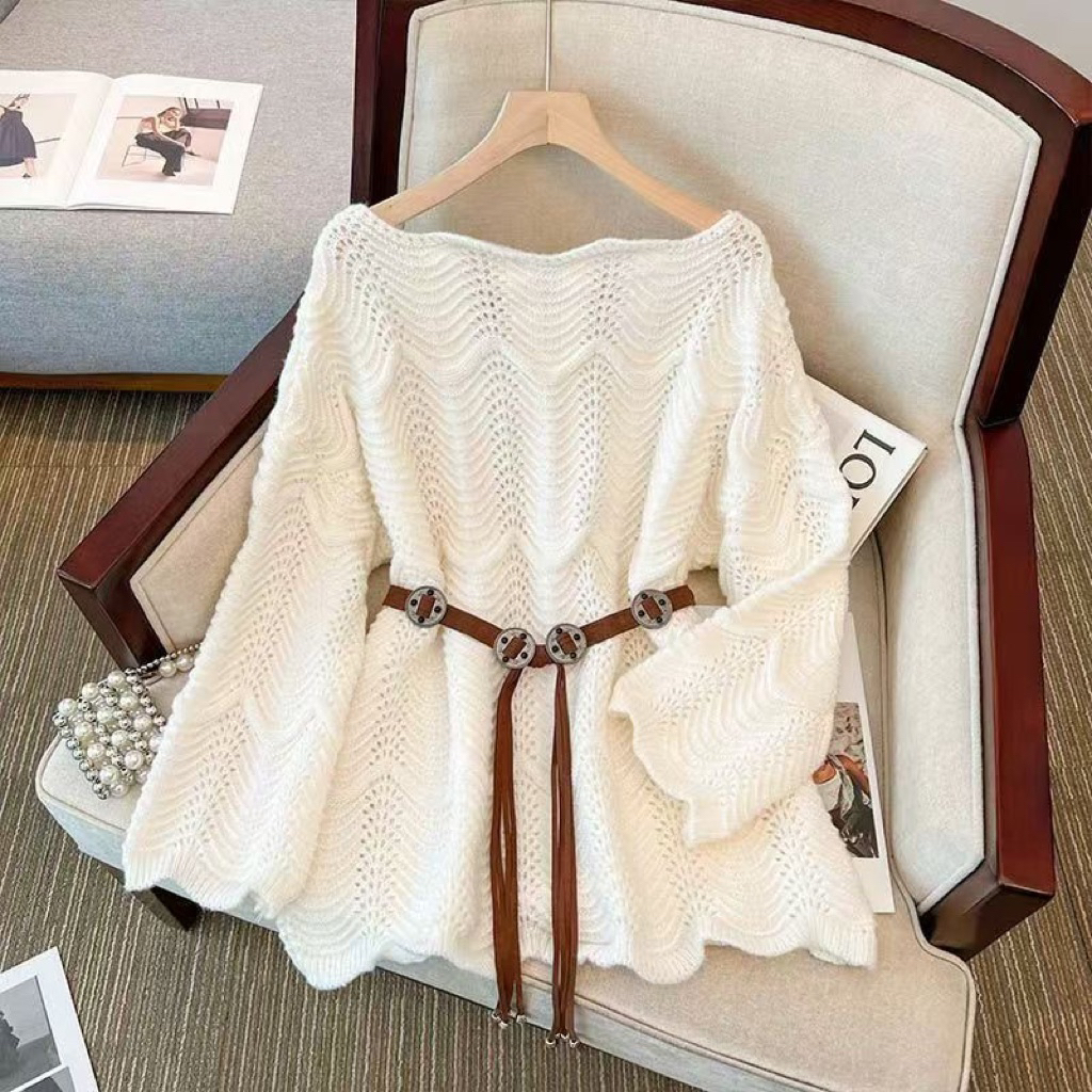 [Có Sẵn] Áo Len Trễ Vai Thu Đông Phong Cách Hàn Quốc Có Kèm Đai❤️( hàng quảng châu loại 1 order 7-15 ngày)