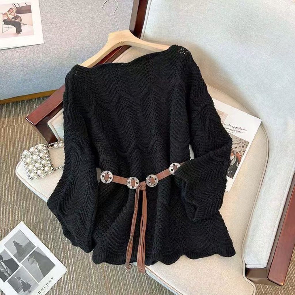 [Có Sẵn] Áo Len Trễ Vai Thu Đông Phong Cách Hàn Quốc Có Kèm Đai❤️( hàng quảng châu loại 1 order 7-15 ngày)
