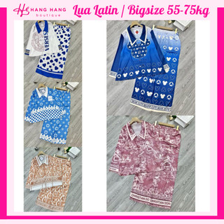 Đồ ngủ nữ bigsize 55-75kg, pijama dài tay dài cổ nhọn lụa latin mịn mát 75DD17, đồ bộ nữ đồ mặc nhà dễ thương sang chảnh