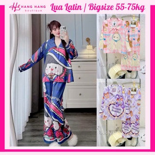 Đồ ngủ nữ bigsize 55-75kg, pijama dài tay dài cổ nhọn lụa latin mịn mát 75DD17, đồ bộ nữ đồ mặc nhà dễ thương sang chảnh