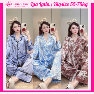 Bộ đồ ngủ pijama nữ bigsize 55-75kg dài tay chạy viền ren cổ lụa latin mịn mát 75DD18 đồ mặc nhà dễ thương sang chảnh
