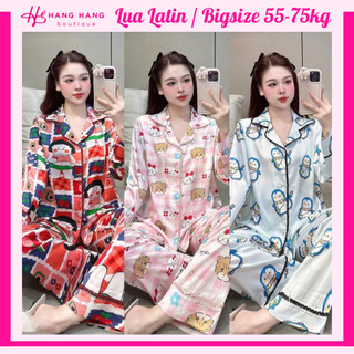 Bộ đồ ngủ pijama nữ bigsize 55-75kg dài tay chạy viền ren cổ lụa latin mịn mát 75DD18 đồ mặc nhà dễ thương sang chảnh