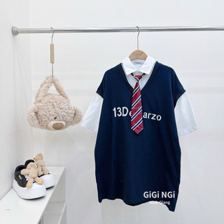 Áo Sơ Mi Cộc Tay Gấu 13De Marzo Pha Gile Kèm Cà Vạt QC