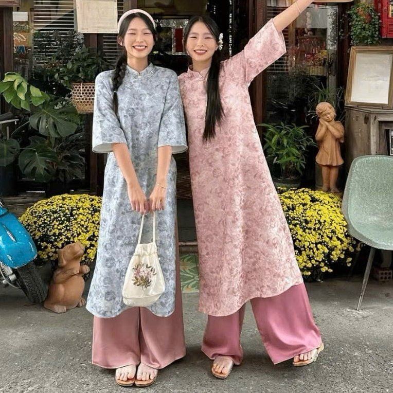 Áo dài cách tân gấm dệt loang sang trọng cao cổ tay lỡ form suông trẻ trung Quần dài ống rộng lụa mỹ  mặc lễ Tết T1475G
