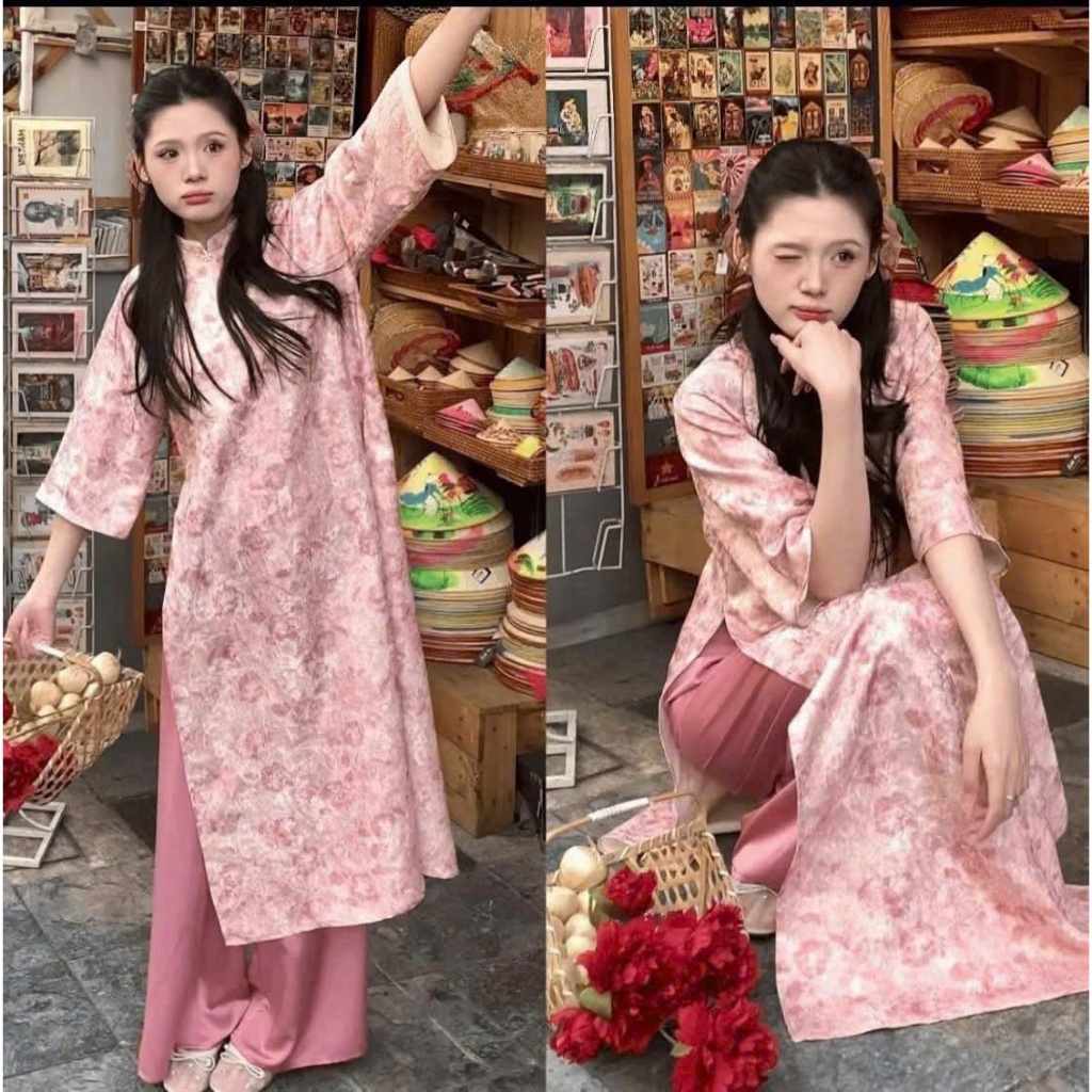 Áo dài cách tân gấm dệt loang sang trọng cao cổ tay lỡ form suông trẻ trung Quần dài ống rộng lụa mỹ  mặc lễ Tết T1475G
