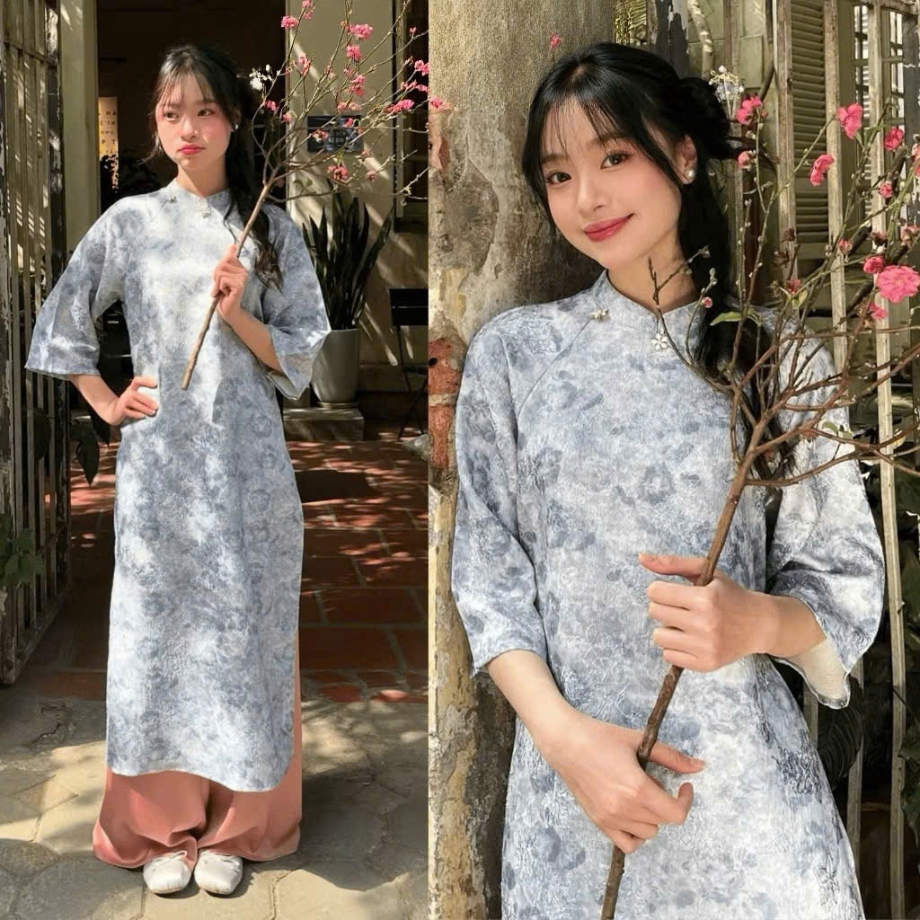 Áo dài cách tân gấm dệt loang sang trọng cao cổ tay lỡ form suông trẻ trung Quần dài ống rộng lụa mỹ  mặc lễ Tết T1475G