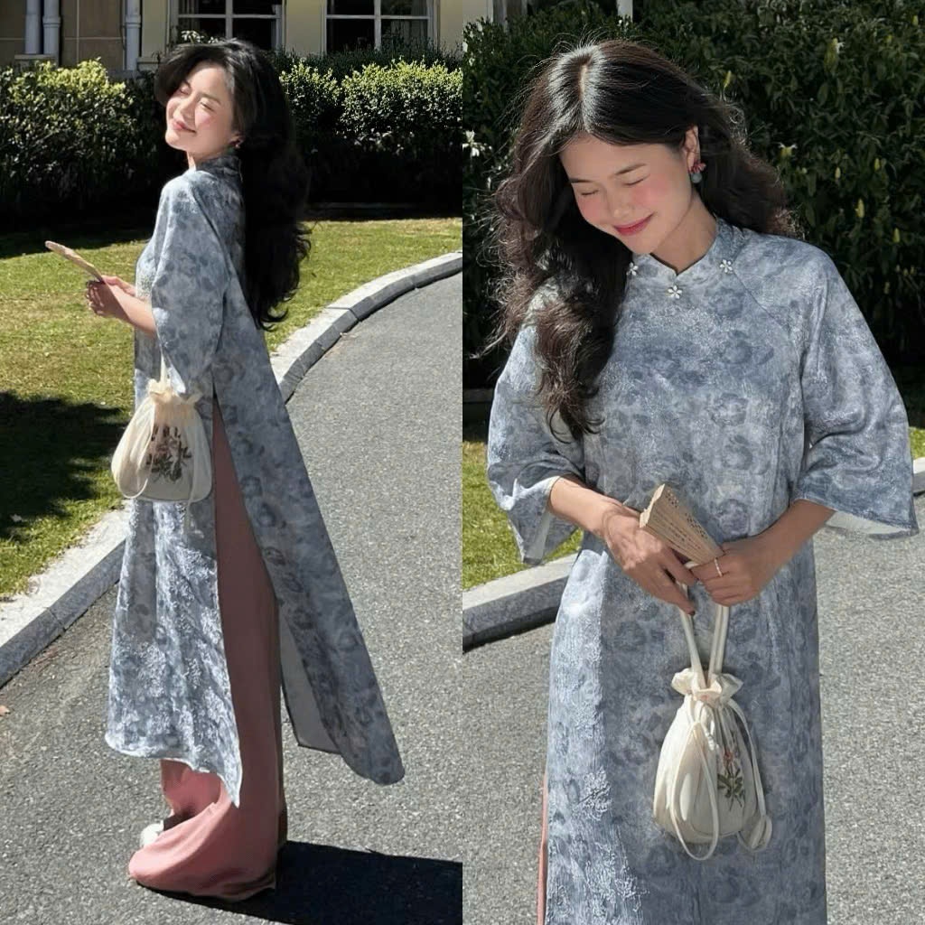 Áo dài cách tân gấm dệt loang sang trọng cao cổ tay lỡ form suông trẻ trung Quần dài ống rộng lụa mỹ  mặc lễ Tết T1475G