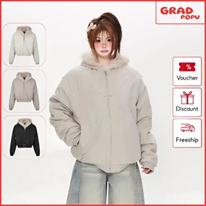 Áo khoác GRADPOPU kiểu dáng rộng rãi chần bông dày dặn cao cấp có mũ trùm đầu dành cho nữ AK676