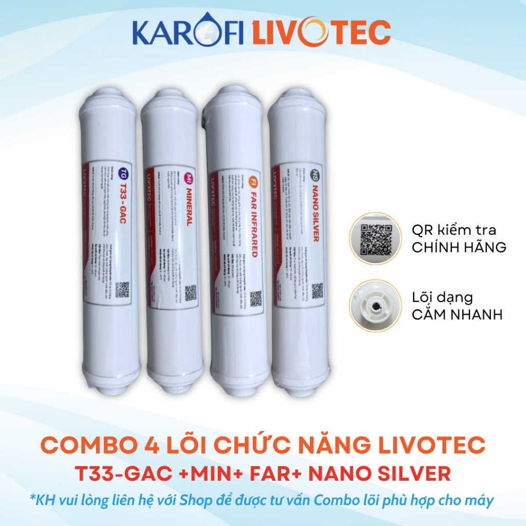 Combo 4 Lõi Chức Năng Karofi Livotec Gồm T33-GAC, Khoáng Đá, Hồng Ngoại và Nano Silver