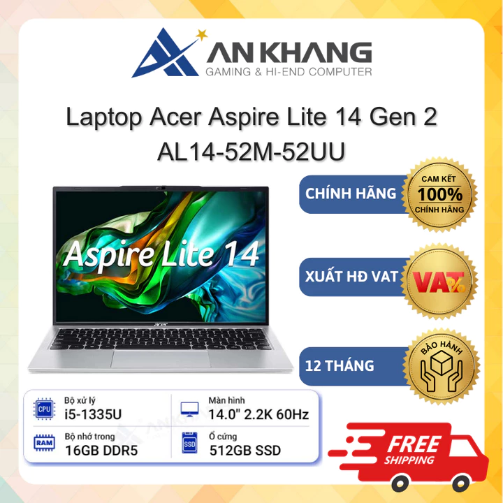Laptop Acer Aspire Lite 14 Gen 2 AL14-52M-52UU (i5-1335U; 16GB; 512GB SSD;14" 2.2K; Win11) Chính hãng BH 12 Tháng