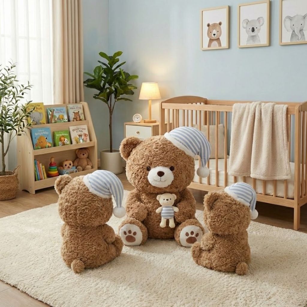 Gấu Bông Teddy Đội Mũ Ngủ Ôm Gấu Nhỏ Dễ Thương, Gấu Ôm Ngủ Lông Cừu Mềm Mại Người Bạn Đồng Hành Cho Giấc Ngủ Ngon Của Bé