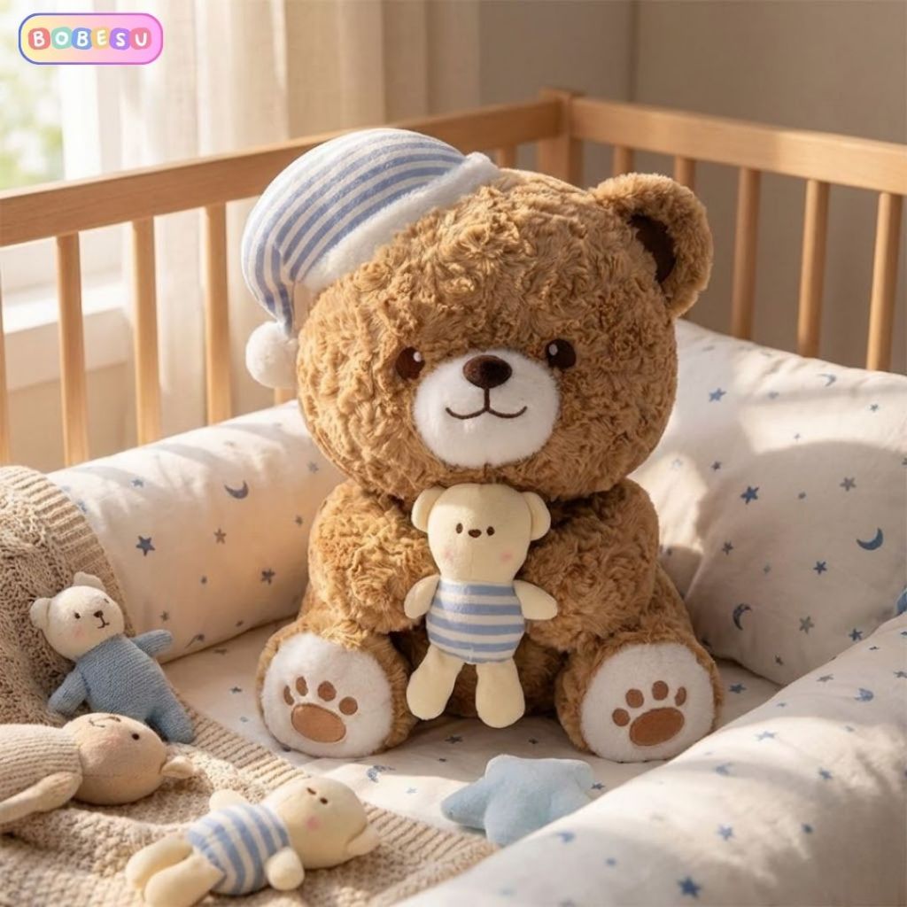 Gấu Bông Teddy Đội Mũ Ngủ Ôm Gấu Nhỏ Dễ Thương, Gấu Ôm Ngủ Lông Cừu Mềm Mại Người Bạn Đồng Hành Cho Giấc Ngủ Ngon Của Bé