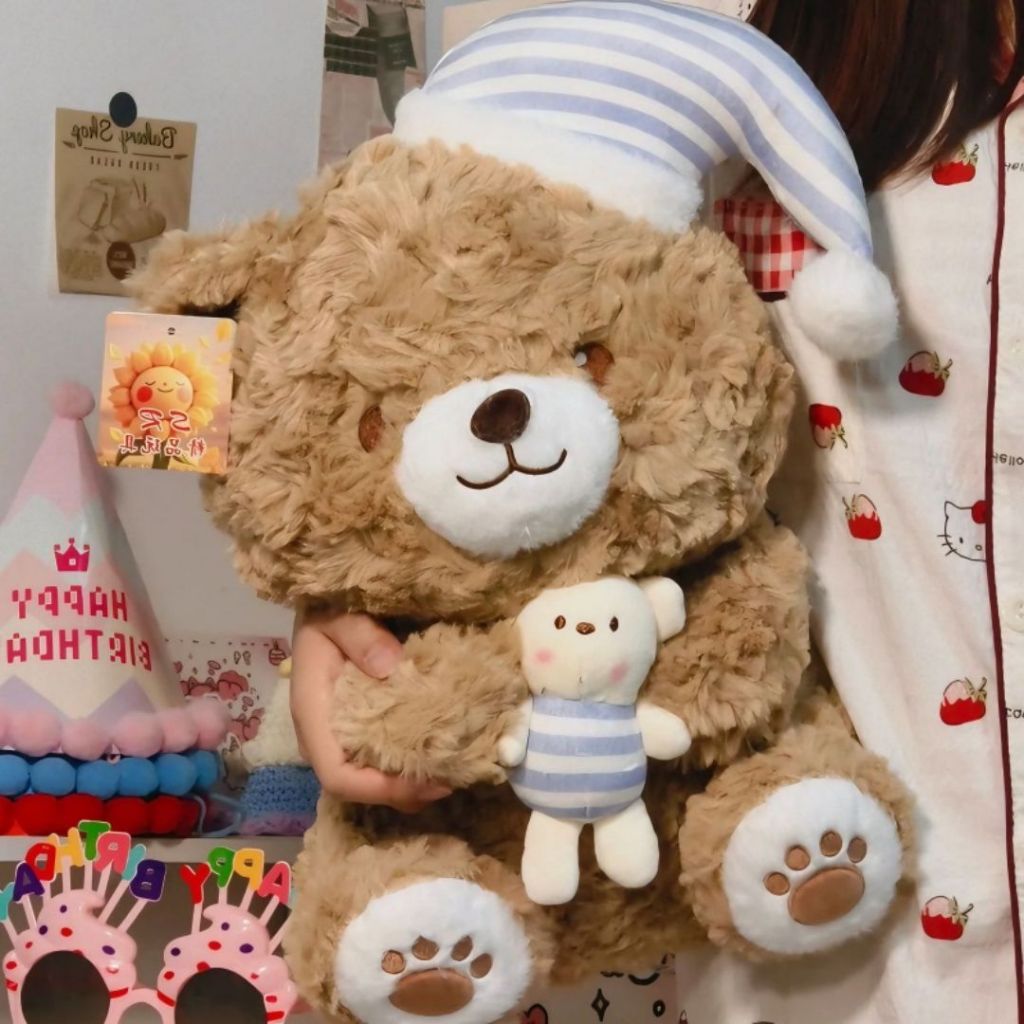 Gấu Bông Teddy Ôm Gấu Đội Mũ Ngủ Dễ Thương, Quà Tặng Gấu Ôm Ngủ Lông Cừu Siêu Mềm Mại Cho Bé Và Bạn Gái