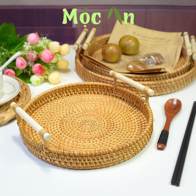 Khay Mây Tre Đan Có Quai Đựng Đồ Ăn, Bánh Kẹo