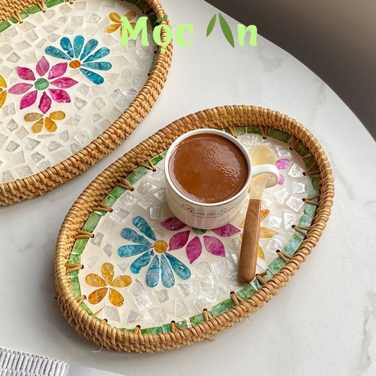 Khay Mây Tre Đan Họa Tiết Hoa, Đựng Hoa Quả Bánh Kẹo