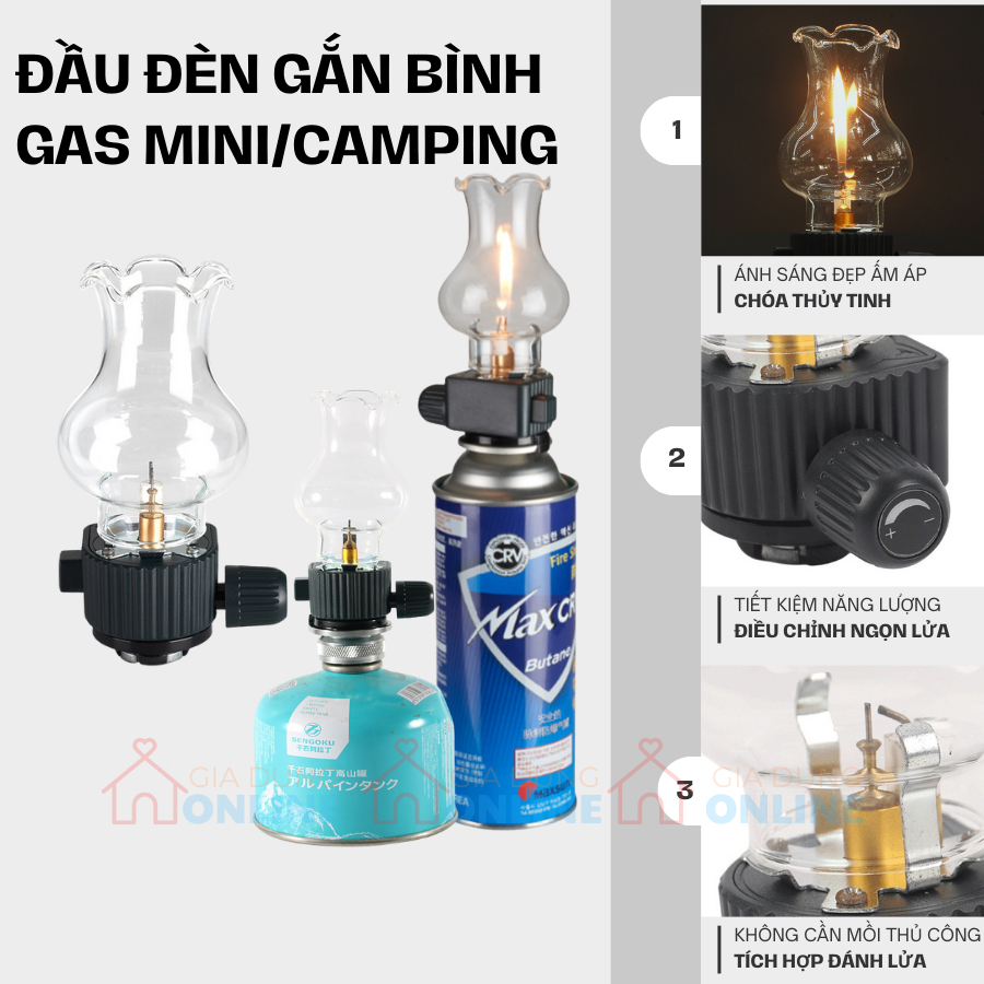 (KHÔNG BÌNH) Đèn camping gắn bình gas mini cho cắm trại dã ngoại chóa thủy tinh có thể điều chỉnh ngọn lử