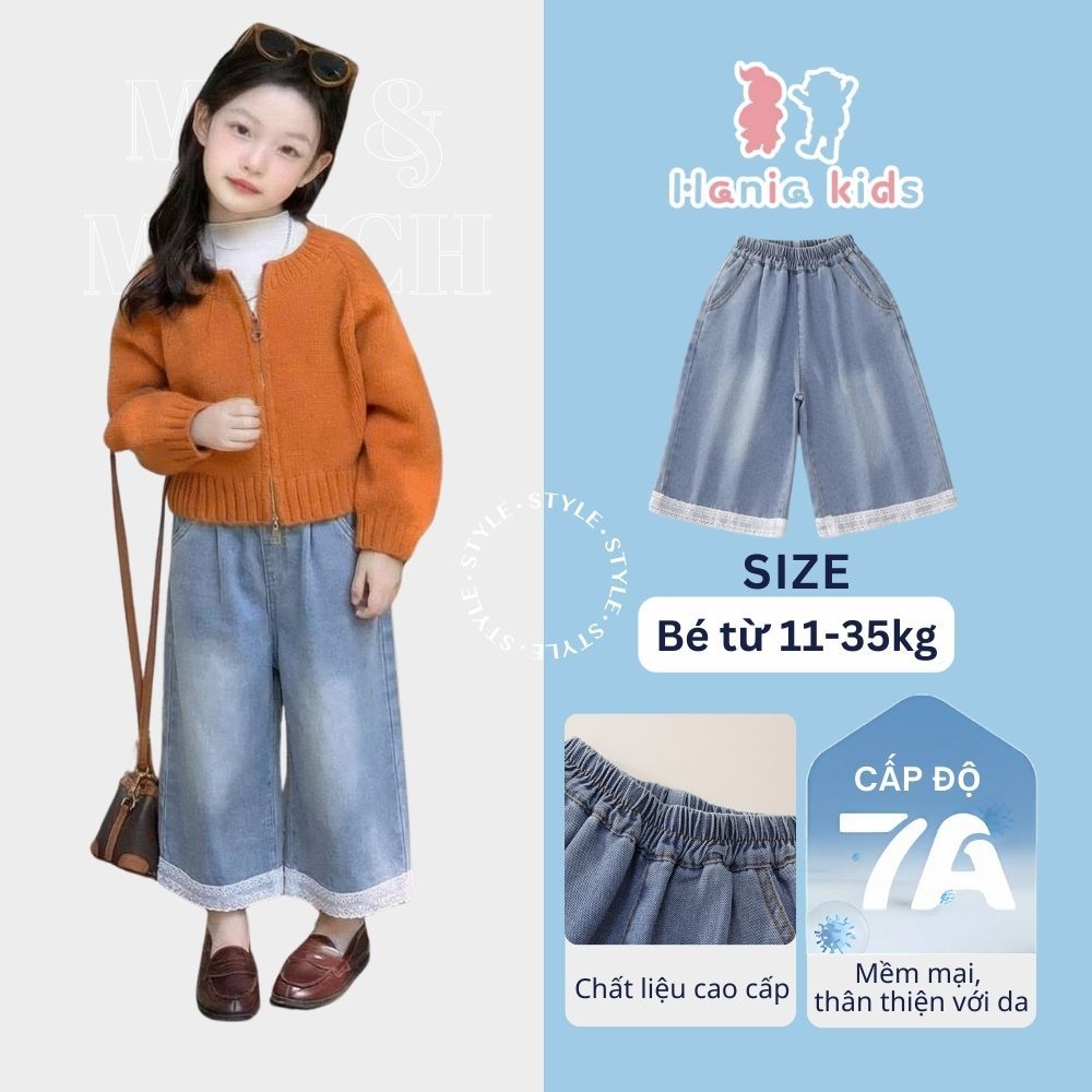 Quần jean bé gái Hania Kids ống suông xanh nhạt, viền ren gấu dễ thương, phong cách thời trang