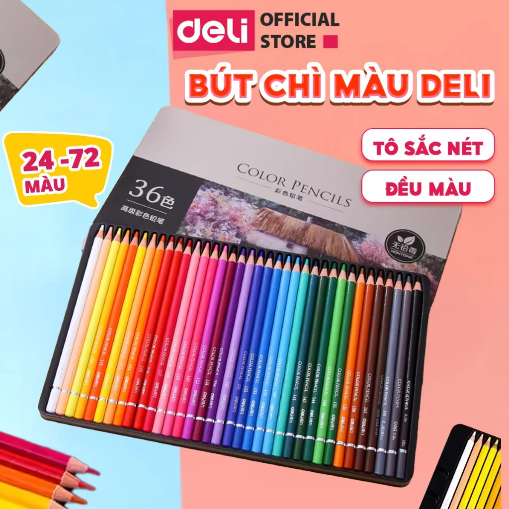 [TOP 1] Bút Chì Màu Gốc Dầu/Gốc Nước 72 Màu Cao Cấp Deli - Màu Đậm Tươi Sáng, Tô Vẽ Tranh Phác Thảo