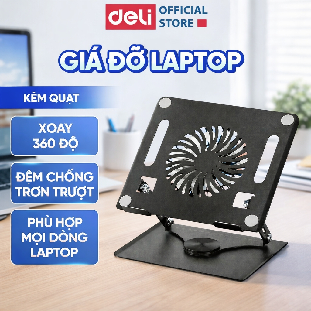 Giá Đỡ Laptop Deli Cao Cấp Kèm Quạt Tản Nhiệt Êm Ái Chống Nóng Hiệu Quả, Bảo Vệ Laptop Tối Ưu