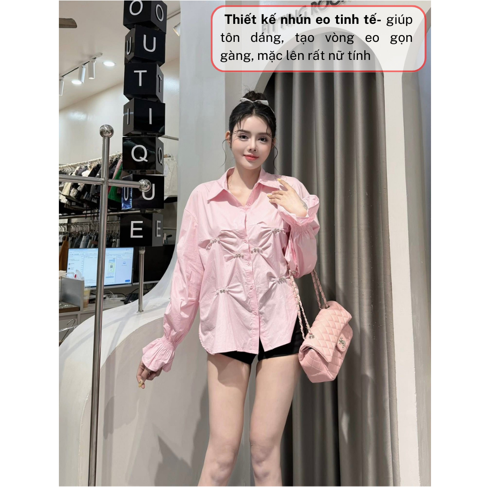 Áo sơ mi nữ tay dài nhún eo, set áo nữ form rộng vải cotton mặc đi chơi HCOM27011