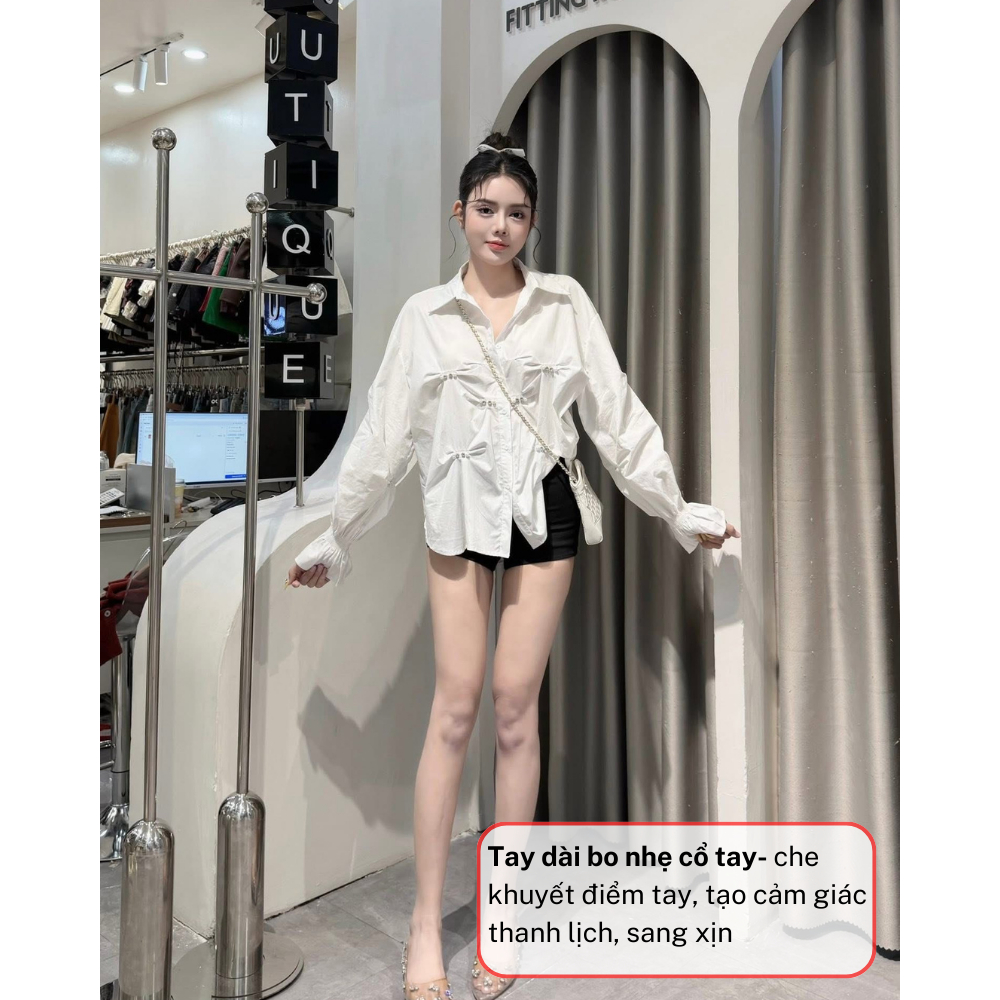 Áo sơ mi nữ tay dài nhún eo, set áo nữ form rộng vải cotton mặc đi chơi HCOM27011