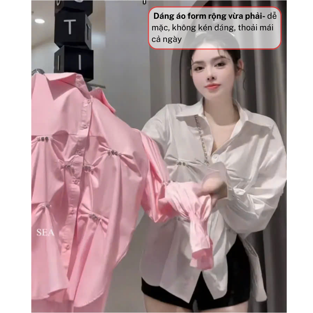 Áo sơ mi nữ tay dài nhún eo, set áo nữ form rộng vải cotton mặc đi chơi HCOM27011