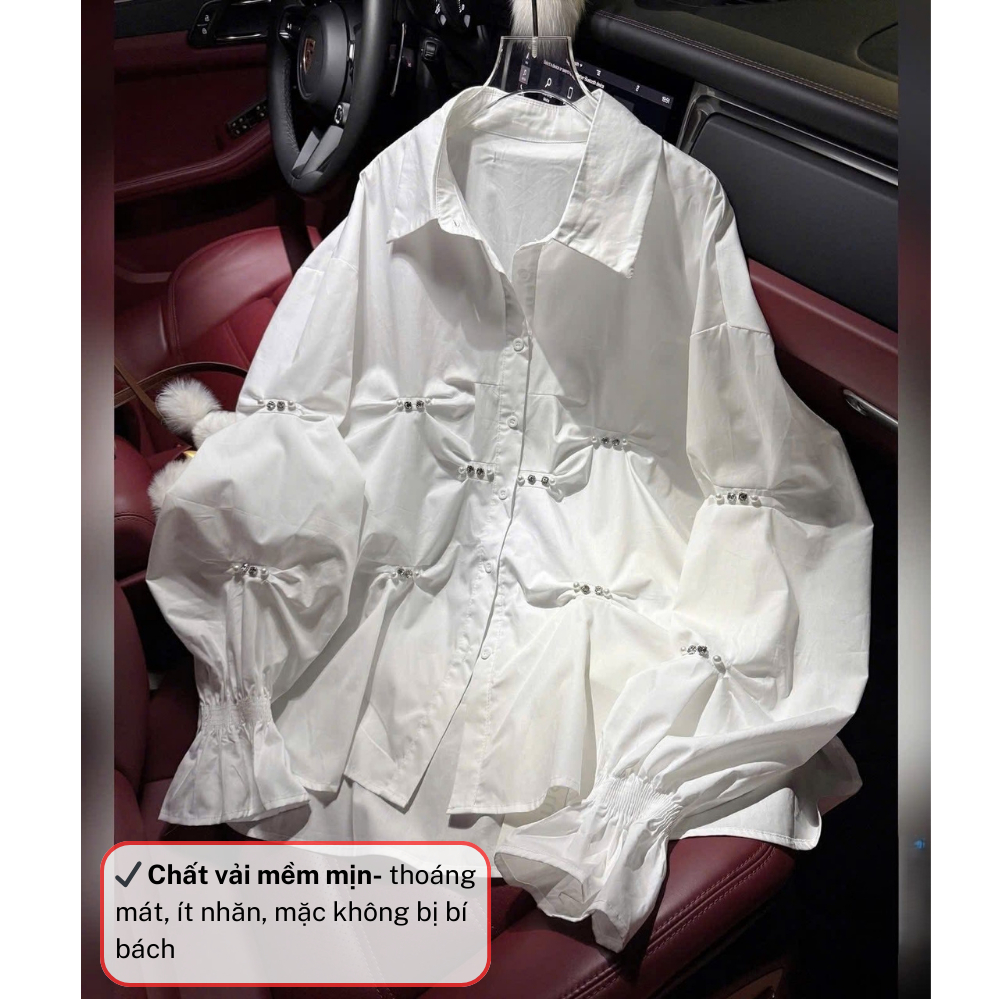 Áo sơ mi nữ tay dài nhún eo, set áo nữ form rộng vải cotton mặc đi chơi HCOM27011