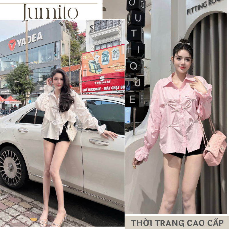 Áo sơ mi nữ tay dài nhún eo, set áo nữ form rộng vải cotton mặc đi chơi HCOM27011