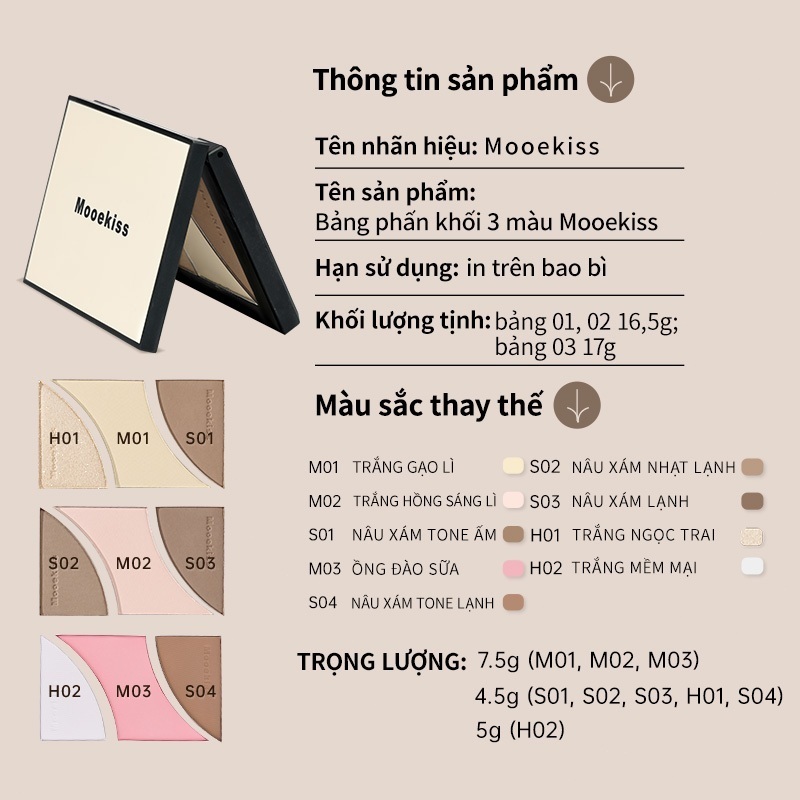 [VÕ HÀ LINH X MOOEKISS] COMBO 2 Bảng tạo khối mặt bắt sáng dành cho nữ chống nước lâu trôi 3 màu 16.5g x 2