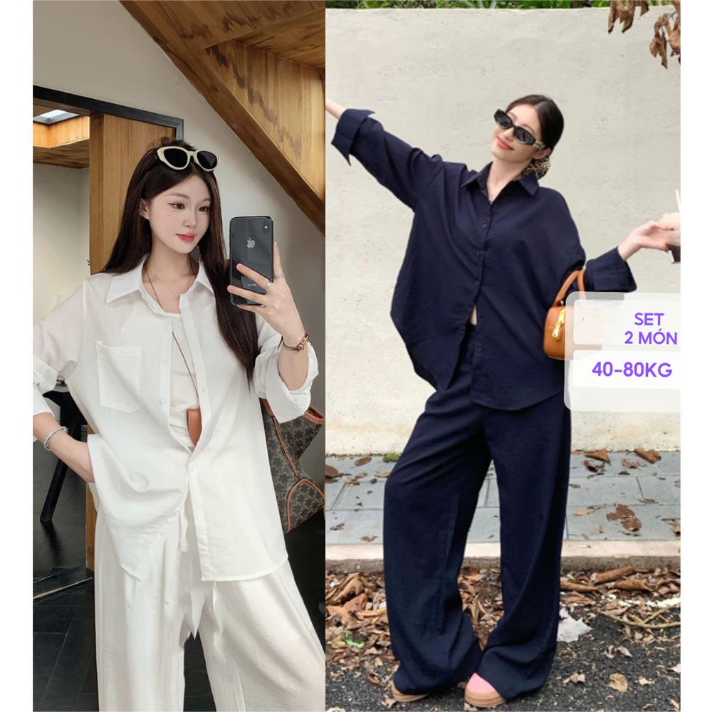 [Peinn] Set Sơ Mi Trắng Dài Tay Mix Quần Ống Rộng Sang Trọng Set đồ nữ đẹp mặc đi chơi, đi biển BIGSIZE.
