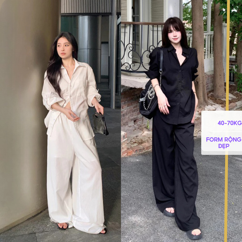 [Peinn] Set Sơ Mi Trắng Dài Tay Mix Quần Ống Rộng Sang Trọng Set đồ nữ đẹp mặc đi chơi, đi biển BIGSIZE.