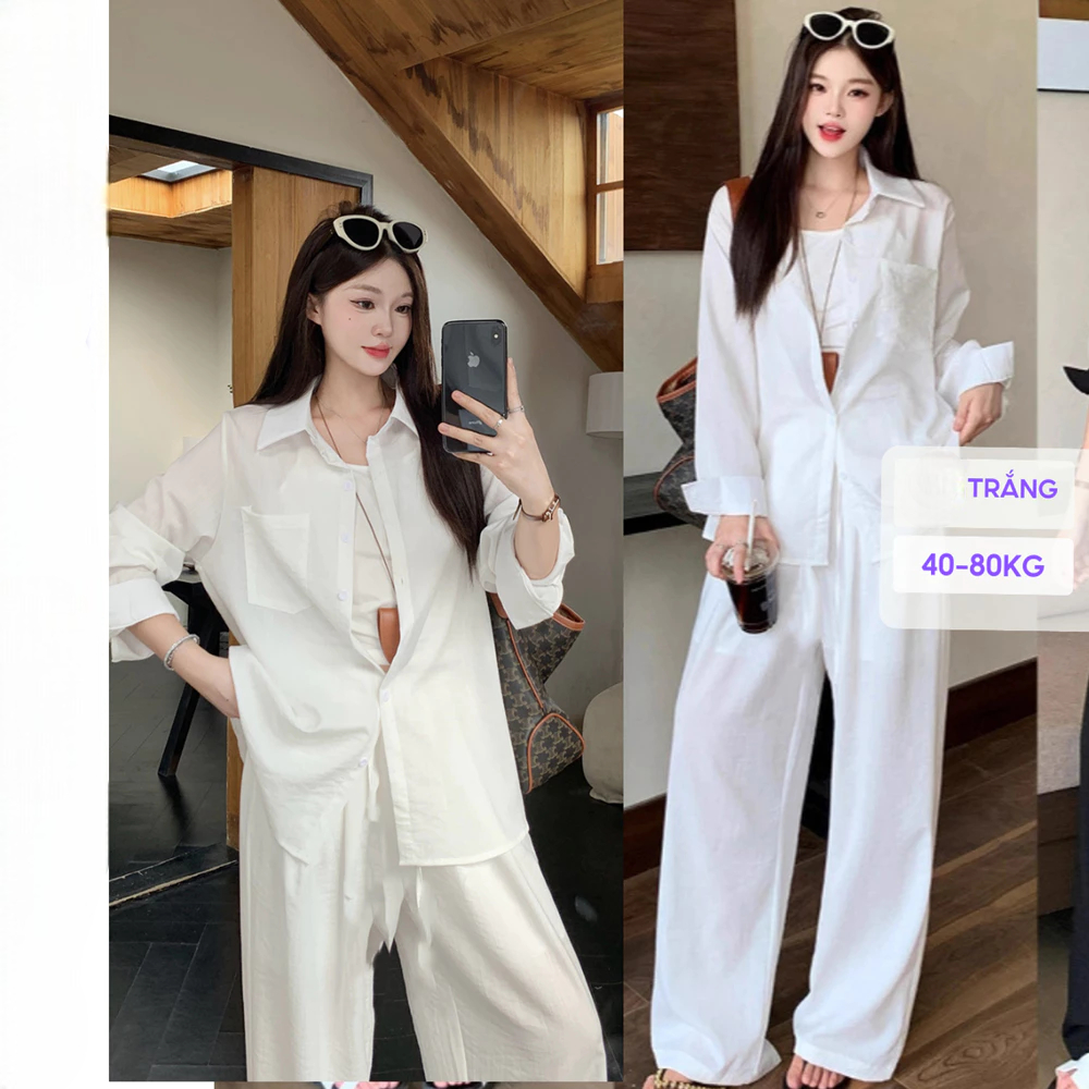 [Peinn] Set Sơ Mi Trắng Dài Tay Mix Quần Ống Rộng Sang Trọng Set đồ nữ đẹp mặc đi chơi, đi biển BIGSIZE.