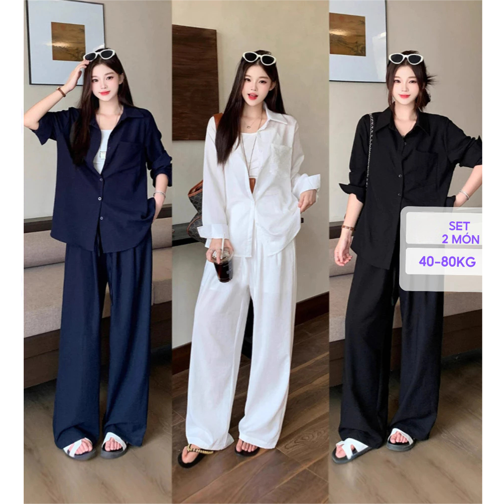 [Peinn] Set Sơ Mi Trắng Dài Tay Mix Quần Ống Rộng Sang Trọng Set đồ nữ đẹp mặc đi chơi, đi biển BIGSIZE.