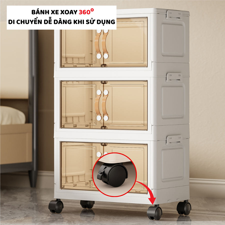 Kệ Để Mỹ Phẩm Nhiều Tầng Gấp Gọn, Tủ Đựng Mỹ Phẩm Kín Đáo, Có Cửa Từ Tính, Bánh Xe 360 TUN035
