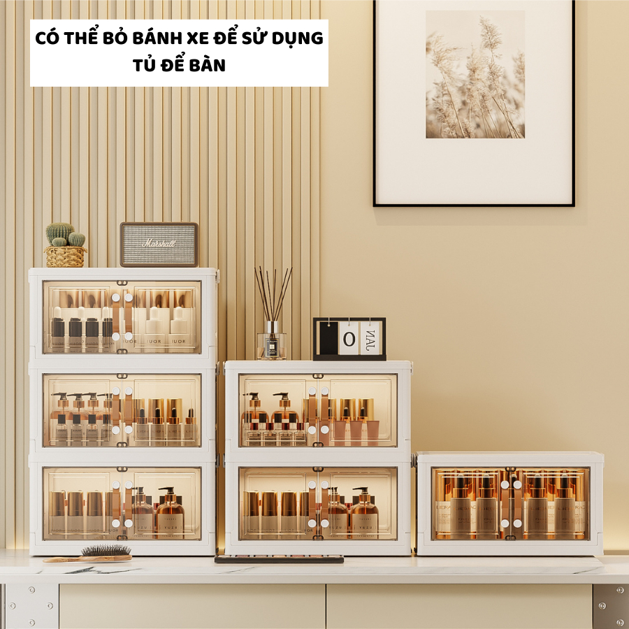 Kệ Để Mỹ Phẩm Nhiều Tầng Gấp Gọn, Tủ Đựng Mỹ Phẩm Kín Đáo, Có Cửa Từ Tính, Bánh Xe 360 TUN035