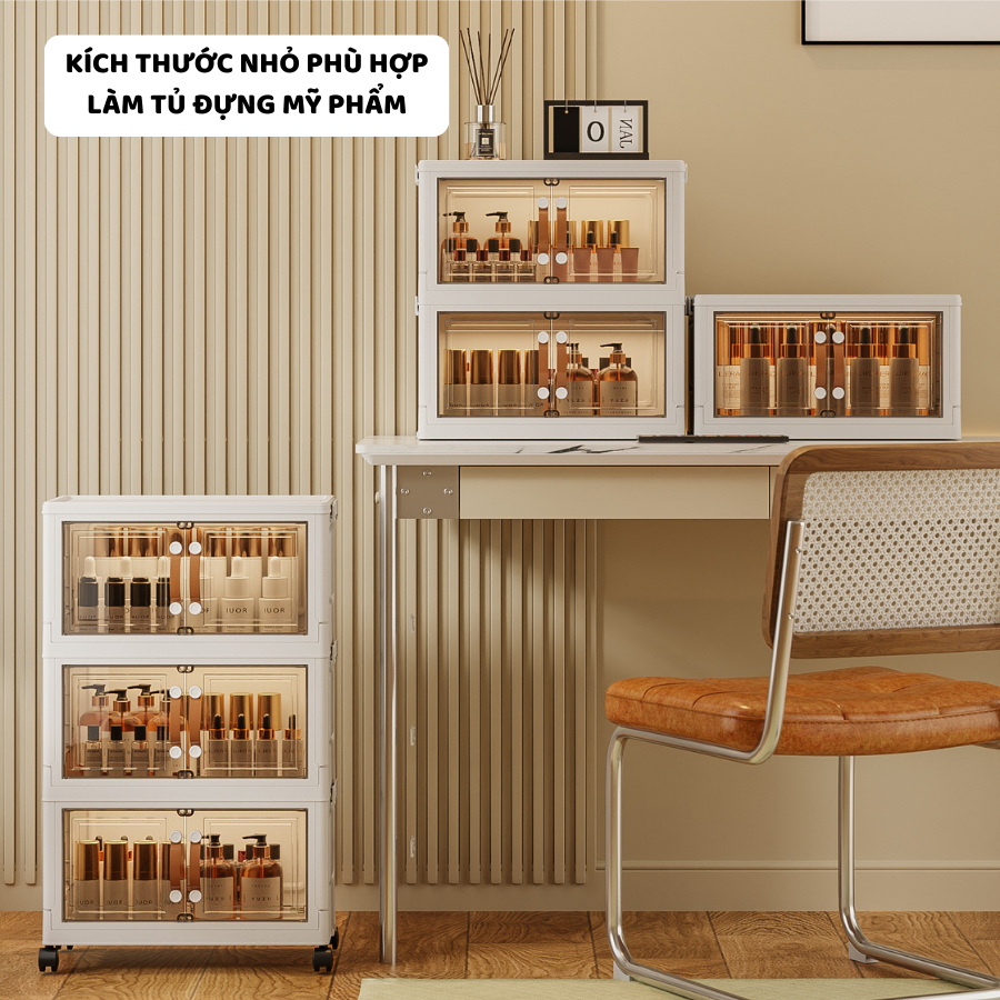 Kệ Để Mỹ Phẩm Nhiều Tầng Gấp Gọn, Tủ Đựng Mỹ Phẩm Kín Đáo, Có Cửa Từ Tính, Bánh Xe 360 TUN035