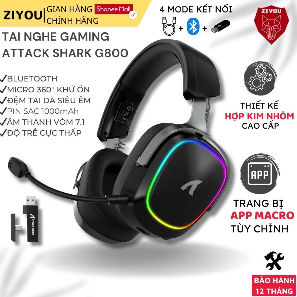 Tai Nghe Gaming Không Dây Attack Shark G800 LED RGB, Mic AI Chống Ồn ...