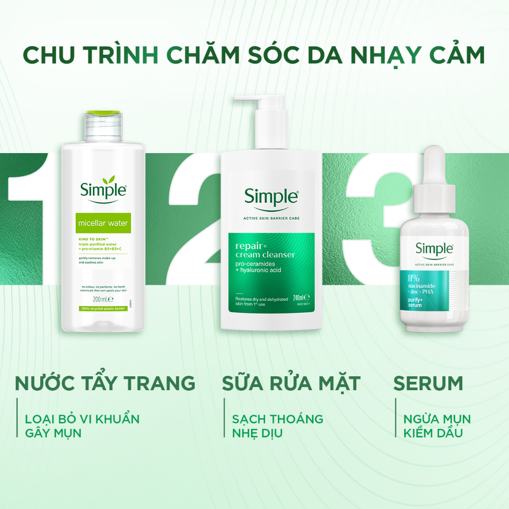 [MỚI] Bộ 3 Simple - Nước Tẩy Trang 200ml, Sữa Rửa Mặt 240ml Repair+ Phục Hồi Da & Serum 10ml Purify+ Giảm Mụn Sau 7 Ngày