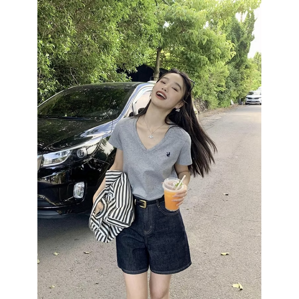 Quần Jean Ngố, Quần Short Jean Nữ Ống Rộng Lưng Cao Dáng Suông Màu Xanh Than
