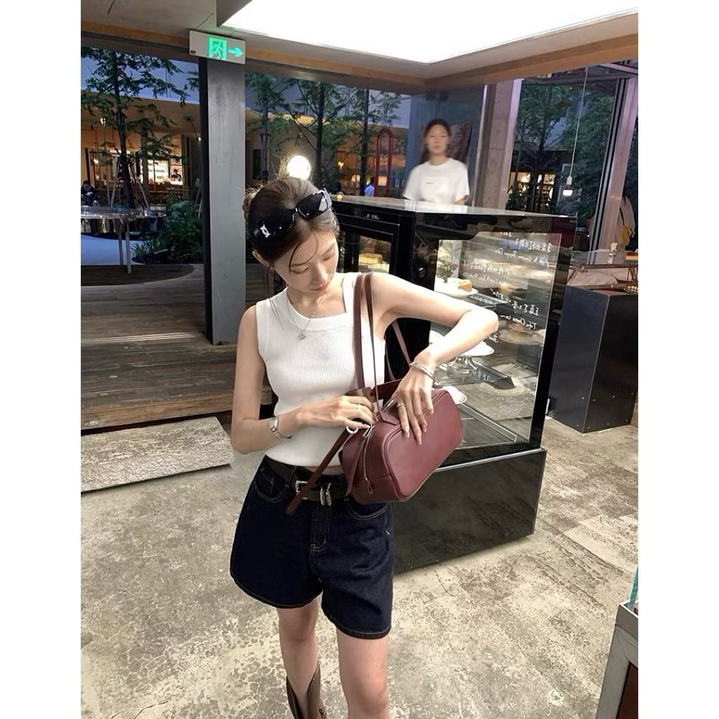 Quần Jean Ngố, Quần Short Jean Nữ Ống Rộng Lưng Cao Dáng Suông Màu Xanh Than