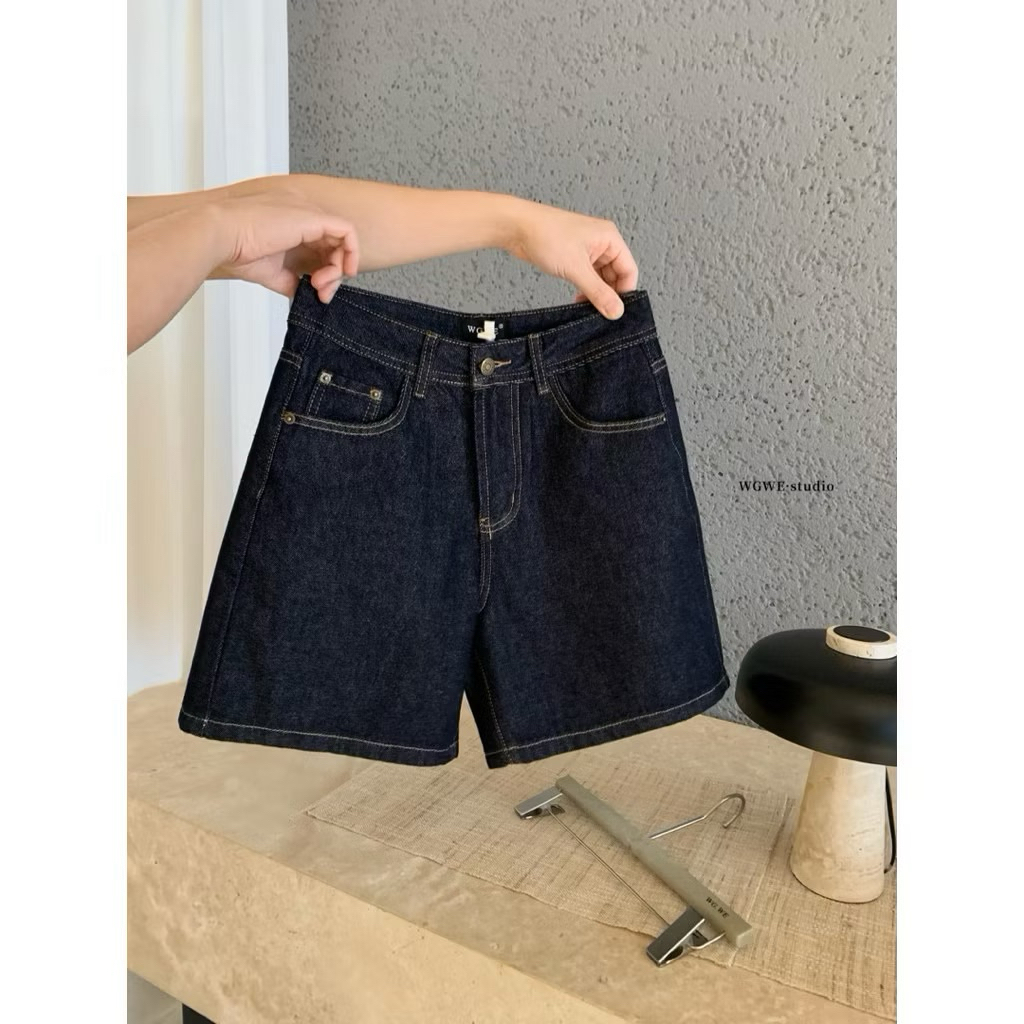 Quần Jean Ngố, Quần Short Jean Nữ Ống Rộng Lưng Cao Dáng Suông Màu Xanh Than