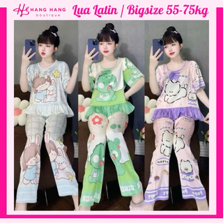 Đồ ngủ nữ bigsize 55-75kg, pijama dài cộc tay ngắn cổ tròn lụa latin mịn mát 75CD06, đồ bộ nữ đồ mặc nhà dễ thương