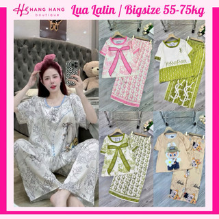 Đồ ngủ nữ bigsize 55-75kg, pijama dài cộc tay ngắn cổ tròn lụa latin mịn mát 75CD06, đồ bộ nữ đồ mặc nhà dễ thương