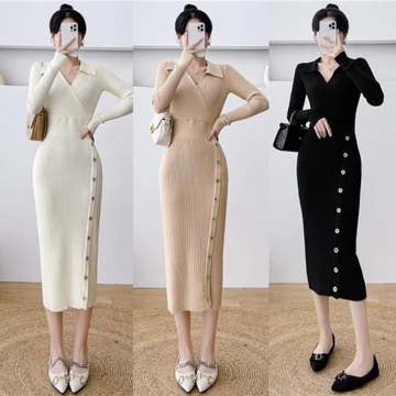 Váy len body cổ bẻ, Váy len body dáng dài phối cúc trẻ trung, Chất liệu len mềm mại, Co giãn tốt, Tôn dáng