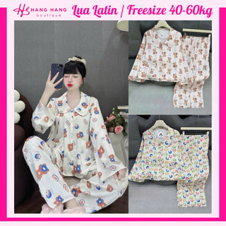 Đồ ngủ nữ 40-60kg, pijama dài tay dài cổ sen dáng rộng lụa latin mịn mát 60DD57, đồ bộ nữ đồ mặc nhà hoạt hình dễ thương